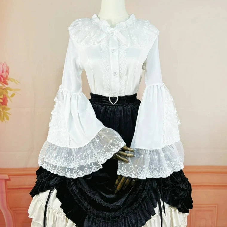 Cyflymder Japanese Gothic Lolita Style Shirts Women Vintage Elegant Lace Embroidery Ruffles Collar Slim Tops Victorian Flare Sleeve Blouse