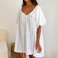 Cyflymder  Pure Cotton Spring and Summer New White Comfortable Breathable Loose Lace-up Nightdress Loungewear Women