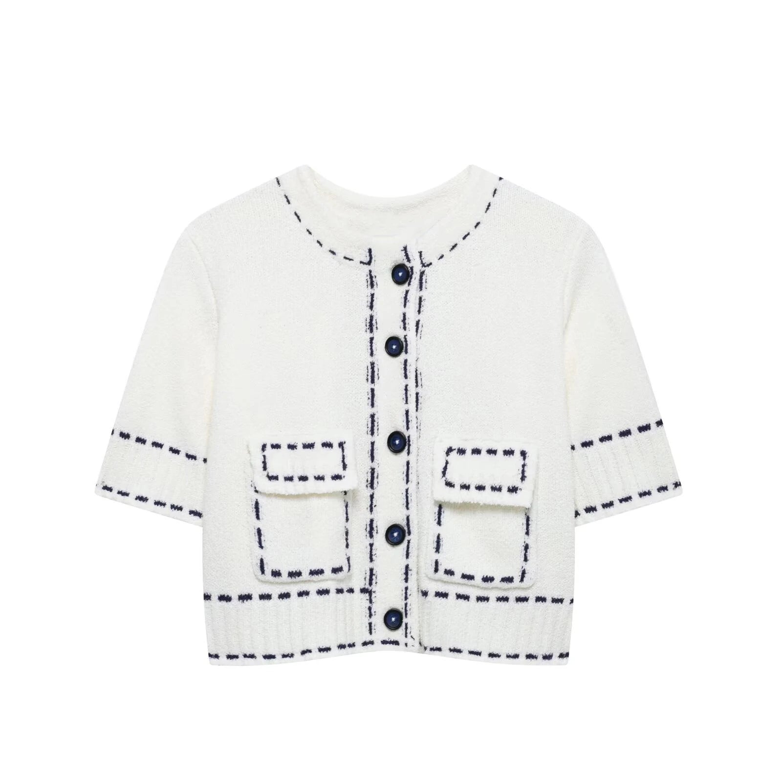 Cyflymder  Elegant Knitted Cardigan Coat Women Fashion Single-Breasted Pockets Short Sleeve Crop Sweater 2025 New Summer Casual Slim Tops