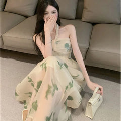 Cyflymder  Temperament Floral Neck Strapless Tulle Skirt Gentle Style Slim A-line Long Skirt