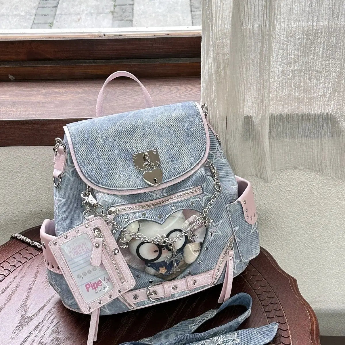 Cyflymder  Sweet Cute Chain Lock Backpack Women Heart Transparent Denim Ita Bag Ladies Harajuku Commuter Star Print Versatile Daypack Chic
