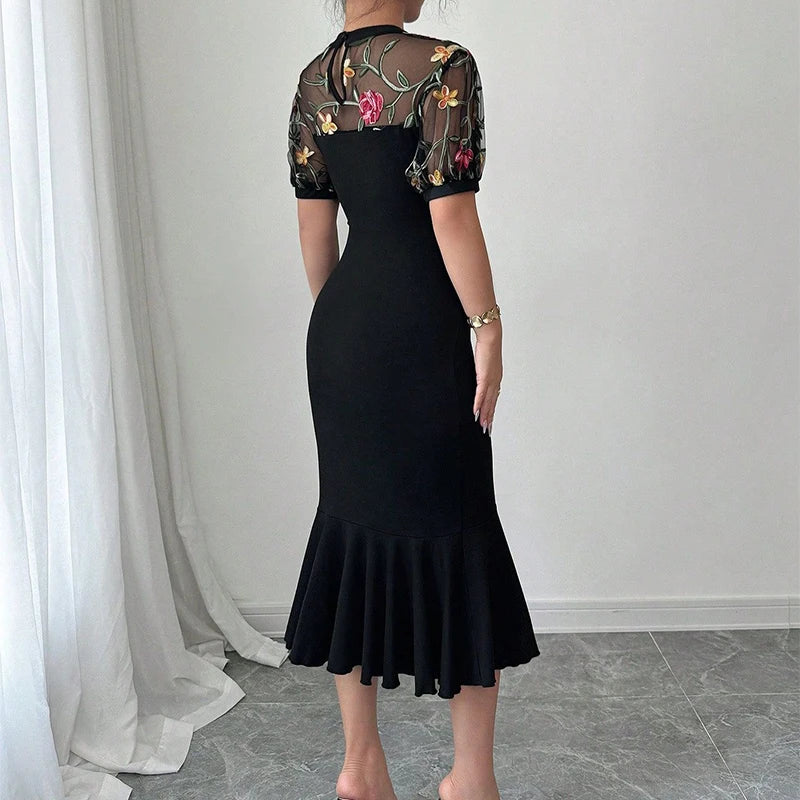 Cyflymder  Sexy Mesh Spliced Women Fishtail Dress 2025 Stylish Jacquard Irregular Hem Midi Vestidos Evening Party Female Black O-Neck Dress