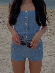 Cyflymder  Chic Blue Y2K Women's Knit Suit Sexy Strapless Top with Button Detail And Elastic Waist Mini Shorts Fashion Sheath Set for 2026