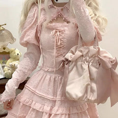 Cyflymder DRESS TO IMPRESS Autumn Kawaii Lolita Style Pink Skirt Sets Women Sweet Lace Bandage Tank Top Cute Mini Cake Skirt Chic Jacquard Relief Rose Suit