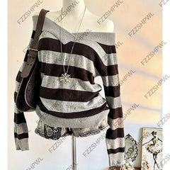 Cyflymder  Y2k Off Shoulder Knit Sweater Vintage vibe Stripe Harajuku Punk Pullover Fashion Subculture Long sleeve Top Hotsweet Grunge Goth