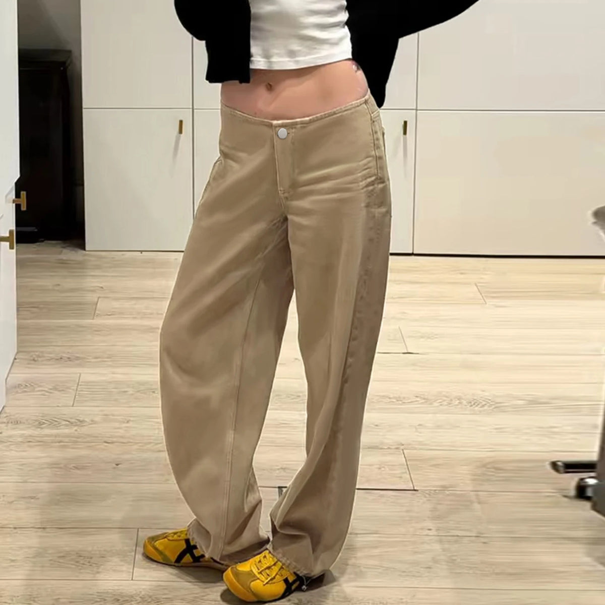 Cyflymder  Women Low Waist Khaki Wide Leg Jeans Single Button Straight Baggy Denim Pants Vintage Casual Street Trousers Bottoms New 2027