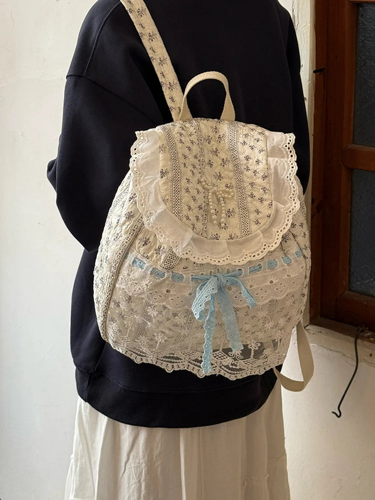 Cyflymder  Korean Lace Patchwork Sweet Bow Backpack Women Students Chic Flower Print Bow Schoolbags Y2k Aesthetic Girls All Match Backpacks