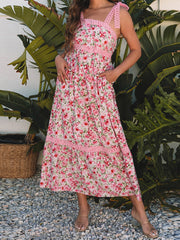 Cyflymder  Elegant Maternity Dress with Floral Print Lace Details Tie Shoulders Backless Design Tiered Ruffles and Pockets