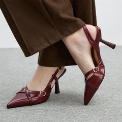 Cyflymder  Size 41 Women's Elegant Burgundy Pointy Toe Slingback Pumps Summer High Heels Black Modern Lady Shoes Silver