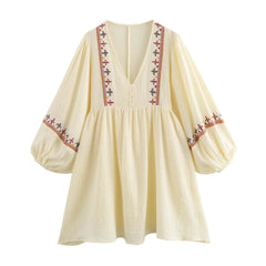 Cyflymder  Loose Summer New Women's Dr Embroidered V-ne Vaion Patchwork High Waist Lantern Sve Long Sve Single Piece