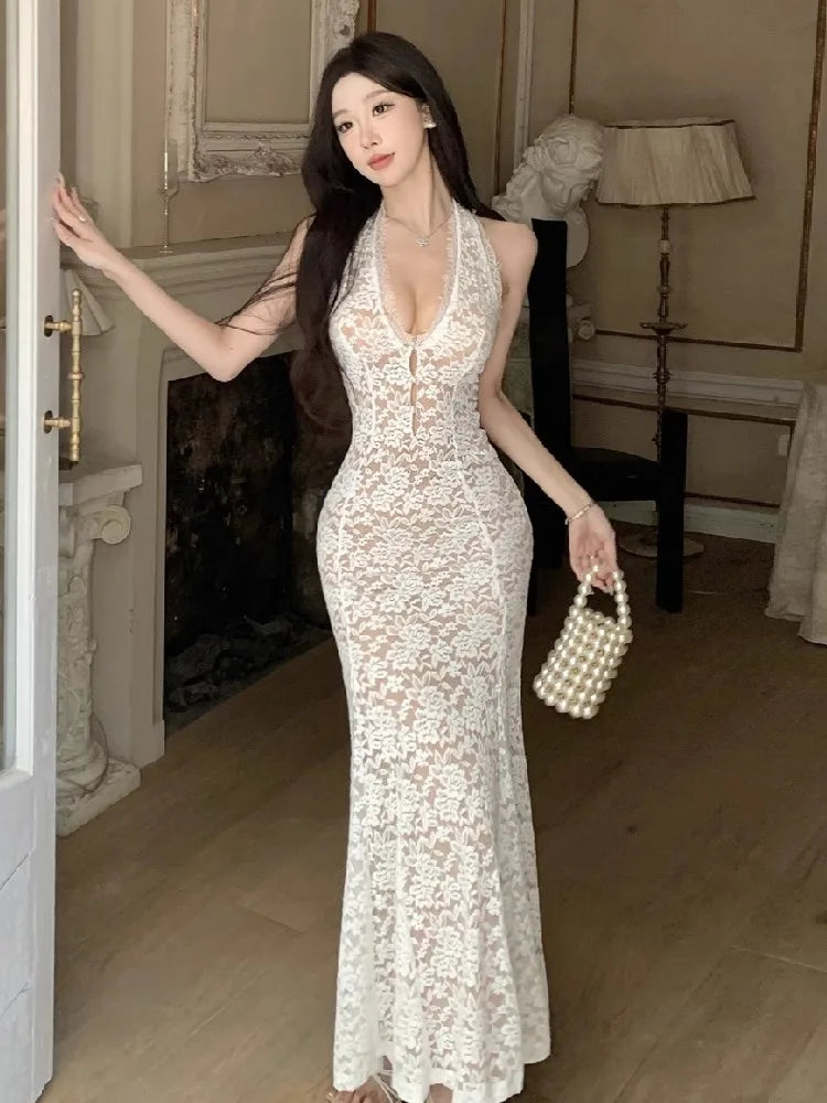 Cyflymder  Sexy Dresses Women Sleeveless Halter Backless Lace Patchwork Slim Stretch Hollow Out Backless Elegant Mermaid Dress Party