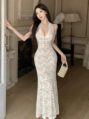 Cyflymder  Sexy Dresses Women Sleeveless Halter Backless Lace Patchwork Slim Stretch Hollow Out Backless Elegant Mermaid Dress Party