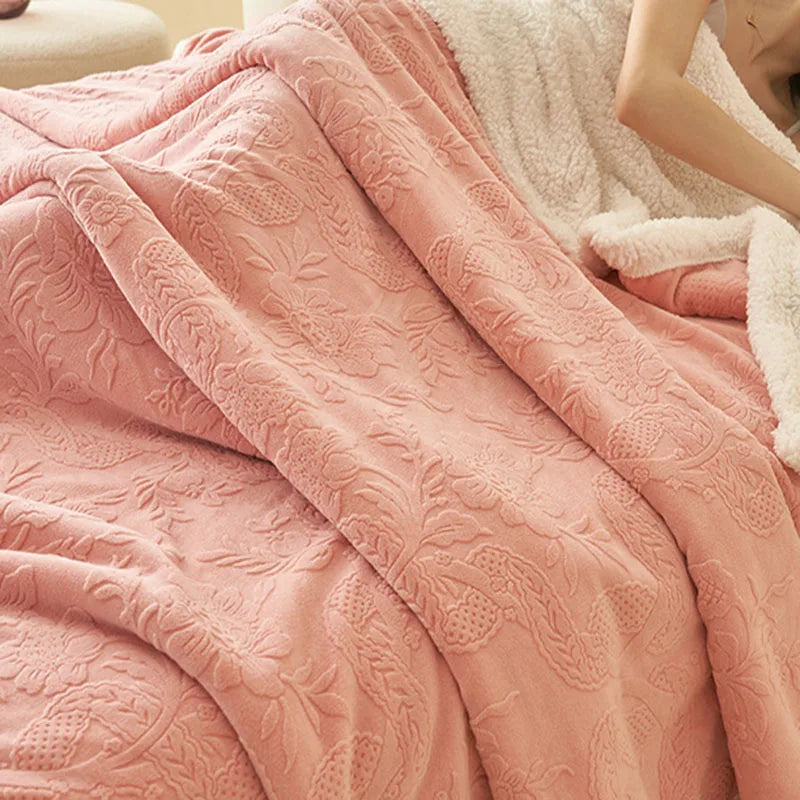Cyflymder  European 3D Carved Milk Velvet Winter Blanket Thickened Lamb Wool Blanket for Living Room Sofa Soft Warm Nap Quilt for Office
