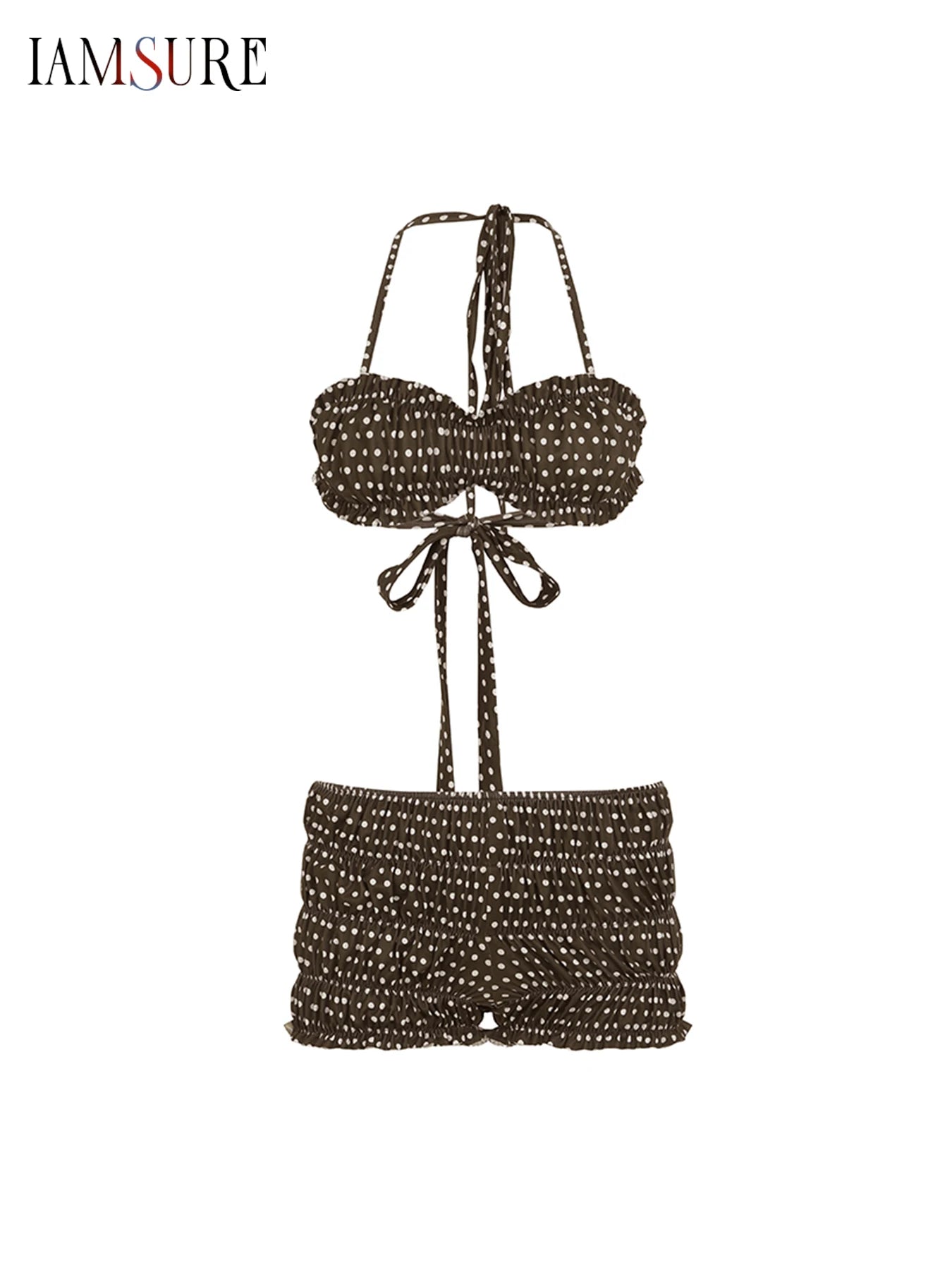 Cyflymder  Holiday Sexy Dot Printed Shorts Sets Beach Style Slim 2 Piece Sets Slash Neck Sleeveless Halter Tops Low-Waisted Shorts