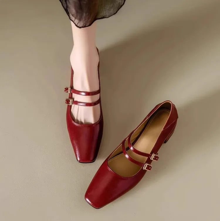Cyflymder  Women's Mary Jane Shoes 2025 Spring Autumn New Fashion Buckle Strap Luxury Leather Shoes Comfortable Square Toe Party Sexy Pumps