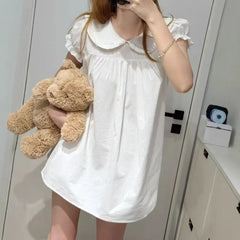 Cyflymder  French Vintage Peter Pan Collar Puff Sleeve Sweet Dress Y2k Spring Summer Pleated All Match Clothes Harajuku High Street Dress