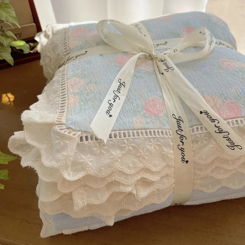 Cyflymder  New A-Class Hollow Lace Bedding Set Fitted Sheet Quilt Cover Pillowcase for Spring Summer Korean Skin Friendly Cozy Bedclothes