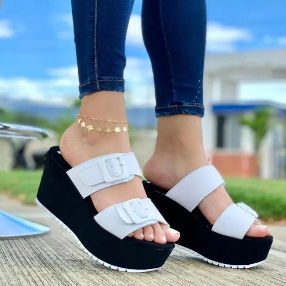 Cyflymder  Women's Wedges Platform Sandals Woman Shoes Summer Ladies Barefoot Slide Increase Height Open Toes Sandal Buckle White Pink