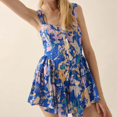 Cyflymder  Women Boho Floral Mini Cami Dress Spaghetti Strap Flowy Short Sling Dress Summer Sleeveless Low Cut Holiday A-line Sundress