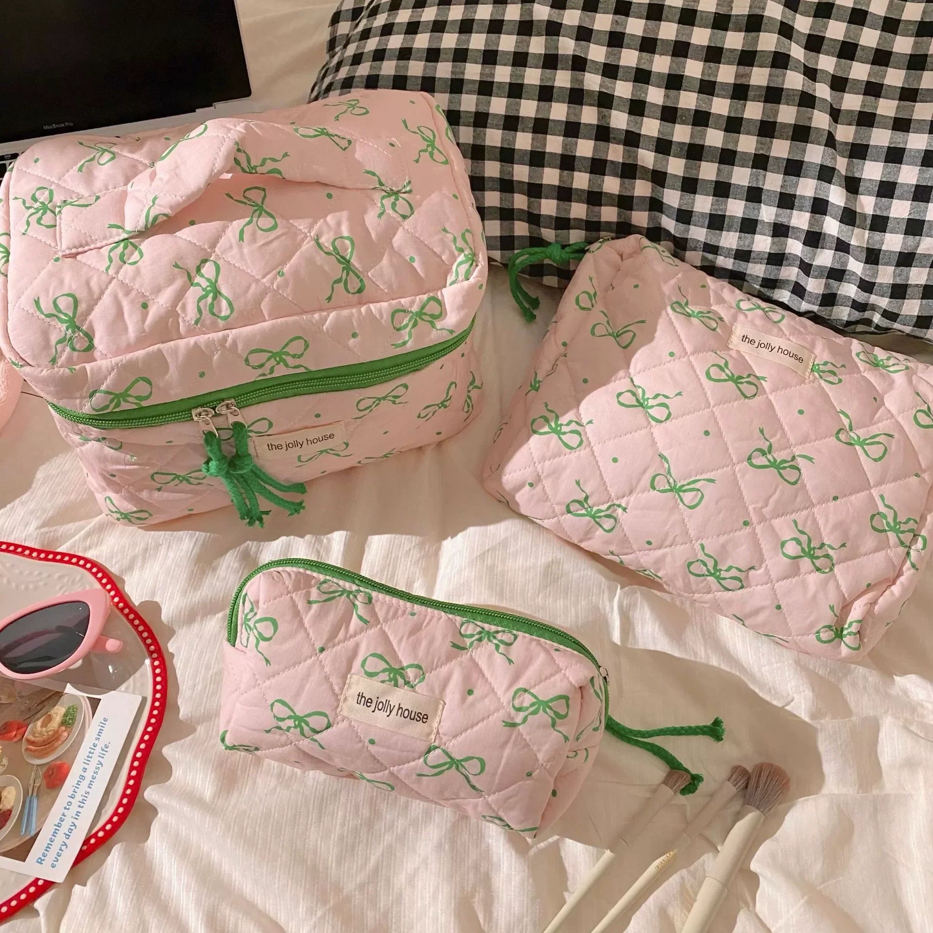 Cyflymder  1 Pc Korean Fashion Bow Pencil Case for Kids Girl Coffee Pink Green Color Dot Bow Stationery Bag Large Capacity Pen Storage Bag