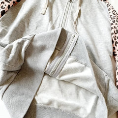 Cyflymder  Leopard Gray Shoulder Zipper High Street Hoodie Punk Retro Long Sleeved Y2K Women's Slim Casual Street Sports Shirt Gothic