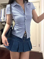 Cyflymder  Slim Fit American Retro irt for Women with  Collar ort Sve Purple Plaid Waist-Cinching Casual Sle Korean Faion