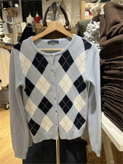 Cyflymder  Diamond Jacquard Button Sweater Coat Women Autumn New Casual Slim Cotton O-neck Casual Jumper Tops Sweet Preppy Style Cardigan