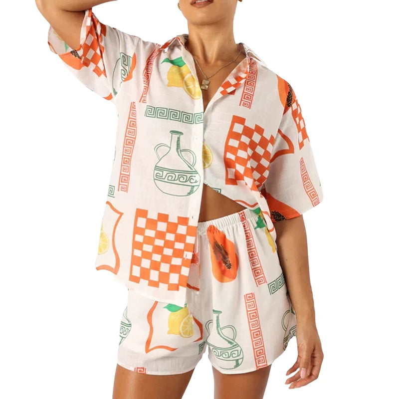 Cyflymder  Boho Beach Style 2 Piece Outfits Fashion Printed Short Sleeve Button Up Blouse Tops + Shorts Set Women Lounge Matching Beachwear