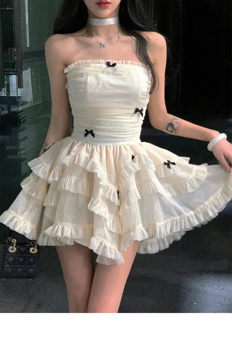 Cyflymder  Summer French Vintage Sweet Dresses Female Kawaii Y2K Fashion Fariy Mini Dress Korean Party Ruffles Puff Sleeve Cake Dress