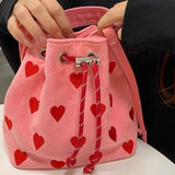 Cyflymder Pink Heart Embroidered Ladies Bucket Purse Handbags Fashion Love Women Messenger Bag Drawstring Female Girls Small Shoulder Bags