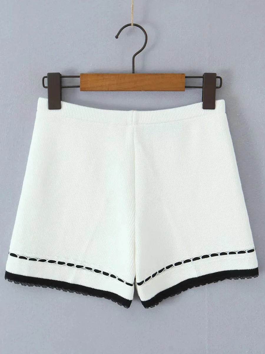 Cyflymder  Hit Color Knit Two Piece Set for Women O Neck Long Sleeve Spliced Buttons Top Low Waist Shorts Casual Suit Female
