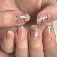 Cyflymder  24Pcs Short Ballet Press on Fake Nails Silver Bow French Deisgn False Nails Rhinestone Reusable Artificial Full Cover Nails Tips
