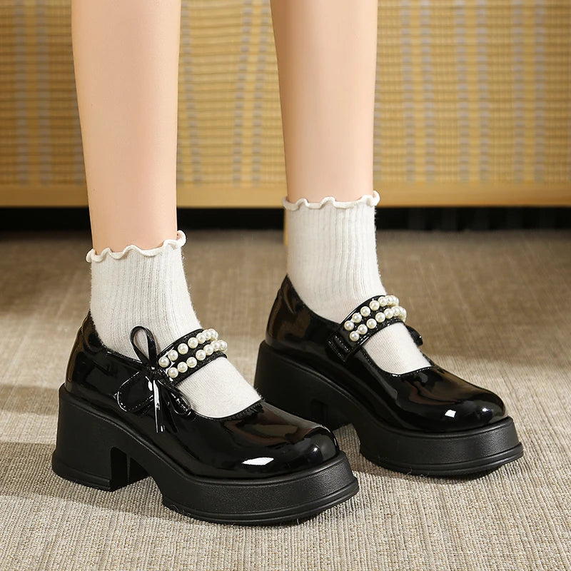 Cyflymder  Vintage High Heels Mary Jane Shoes for Women 2025 Patent Leather Platform Pumps Woman Pearls Thick-Heeled Shoes Female