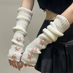 Cyflymder  y2K Star Fingerless Long Wrist Gloves Arm Warmers False Sleeves Knitted Gloves Hand Sleeves Cover Black White Half Finger Gloves