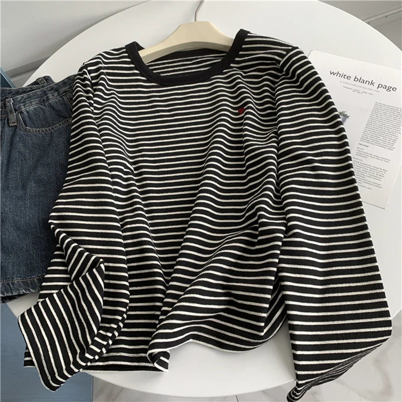 Cyflymder  Love Embroidery Striped Sweatshirt Women Casual O Neck Cute Pullovers Korean Fashion Loose Long Sleeve Sweet Elegant Tops