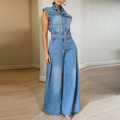 Cyflymder  Women Denim Straight Jumpsuit Single-Breasted Lapel Sleeveless Washed Vintage Chic Female High Street Jeans Jumpsuit