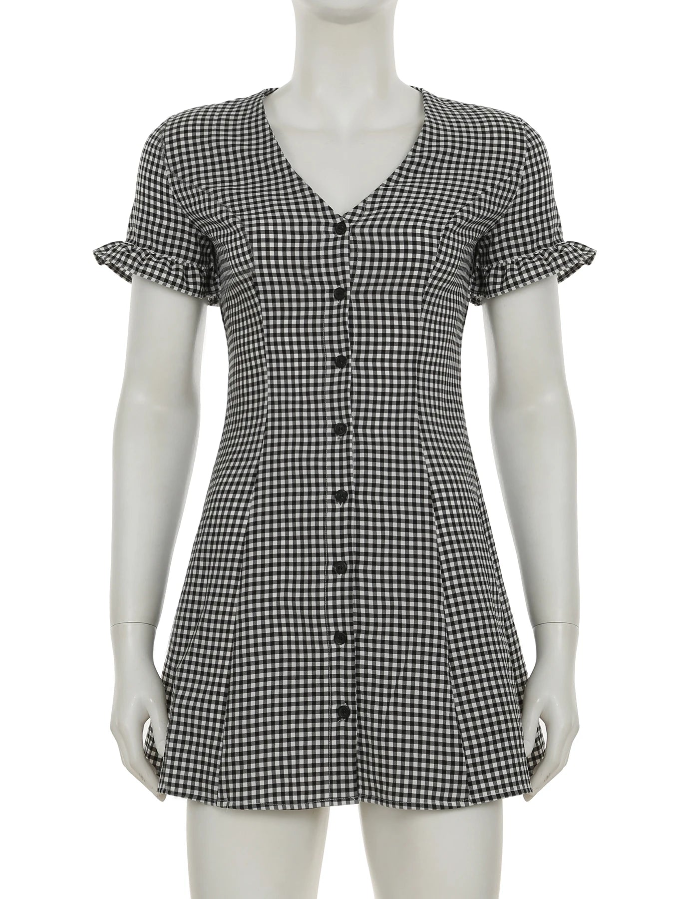 Cyflymder  Casual Slim Plaid A-Line Dress Elegant Fashion Basic Deep V-Neck Short Sleeve Ruffles Mini Dresses For Women 2025 Summer