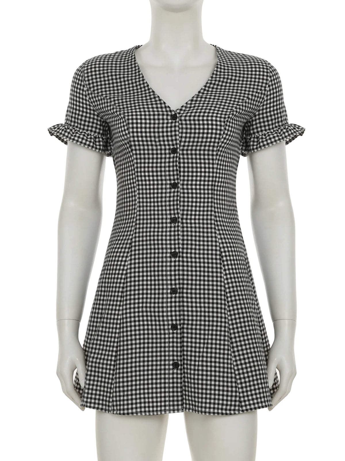 Cyflymder  Casual Slim Plaid A-Line Dress Elegant Fashion Basic Deep V-Neck Short Sleeve Ruffles Mini Dresses For Women 2025 Summer