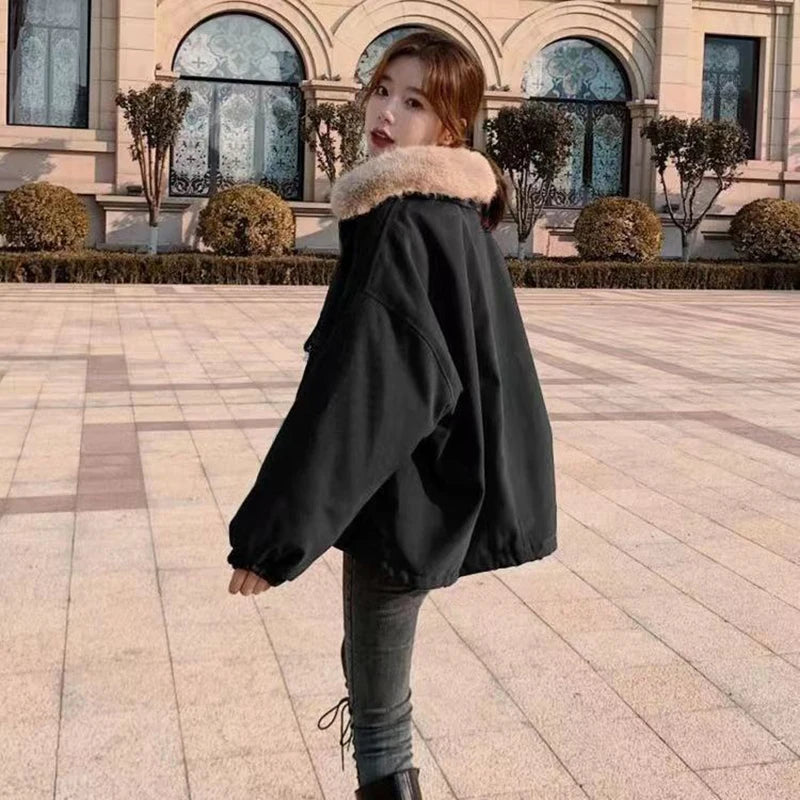 Cyflymder Korean Thick Fleece Women Winter Jacket Fashion Loose Warm Plush Parkas Female Elegant Lapel Zipper Pocket Velvet Coat