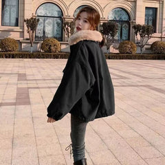 Cyflymder Korean Thick Fleece Women Winter Jacket Fashion Loose Warm Plush Parkas Female Elegant Lapel Zipper Pocket Velvet Coat