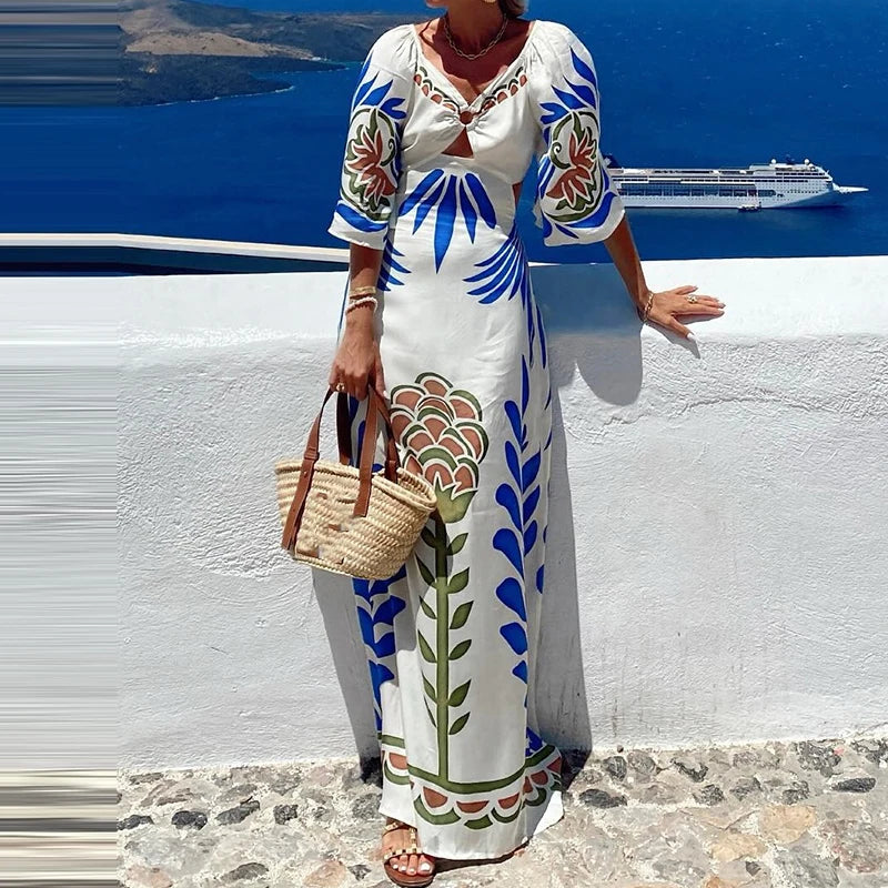 Cyflymder  Leisure Double V Lace Up Party Dress Stylish 3/4 Sleeve Beach Long Dress for Women Summer Backless Pattern Print Vacation Dress