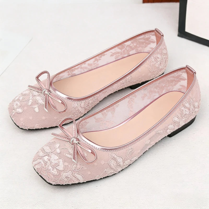 Cyflymder  Mesh Embroidery Flower Designer Flat Shoes Women Bow Decoration Square Toe Casual Shoes Spring Party Comfort Single Shoes