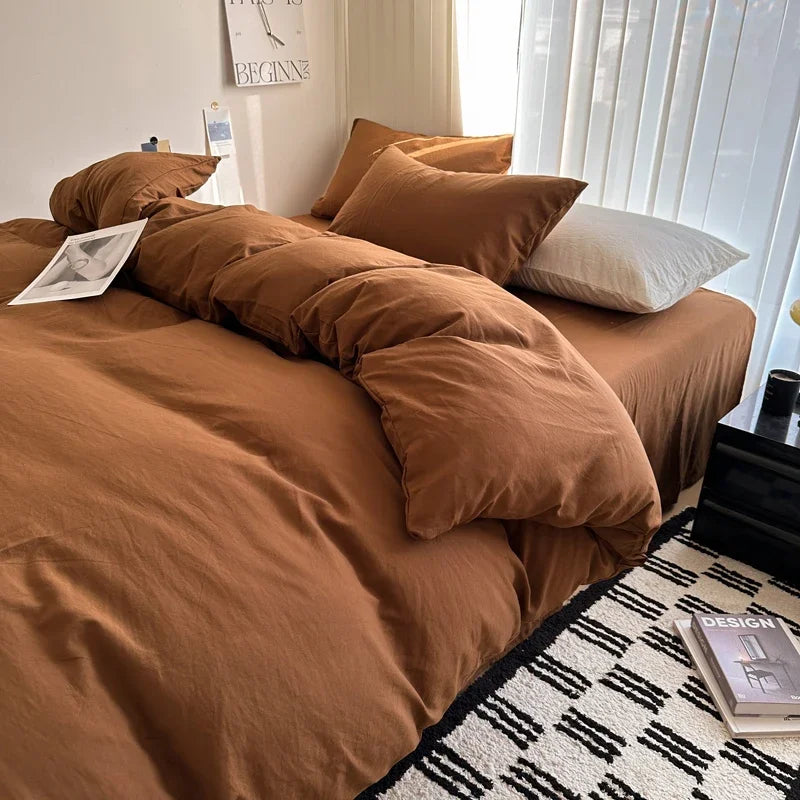 Cyflymder  Bed Linen Solid Cotton Bedding Set with Sheet Duvet Cover Pillowcases Single Couple Bedsheet King Queen Double Twin Size