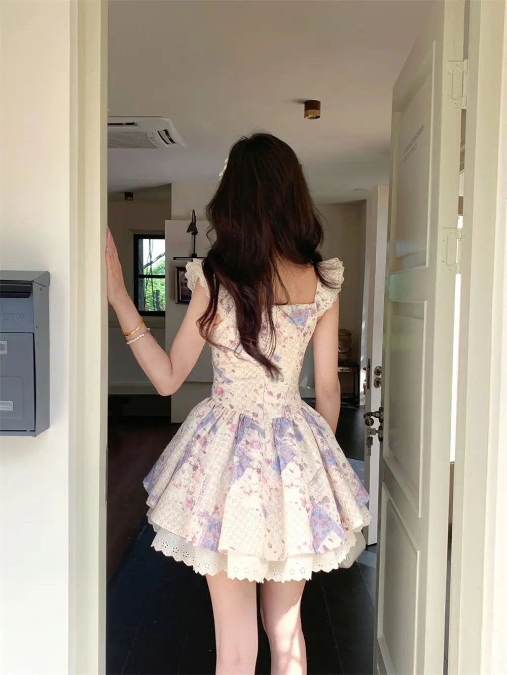 Cyflymder  New French Flutter Sleeve Dress Women Lace Trim Flared Skirt Sweet Cute Mini Length Slimming A Line Silhouette Princess Party