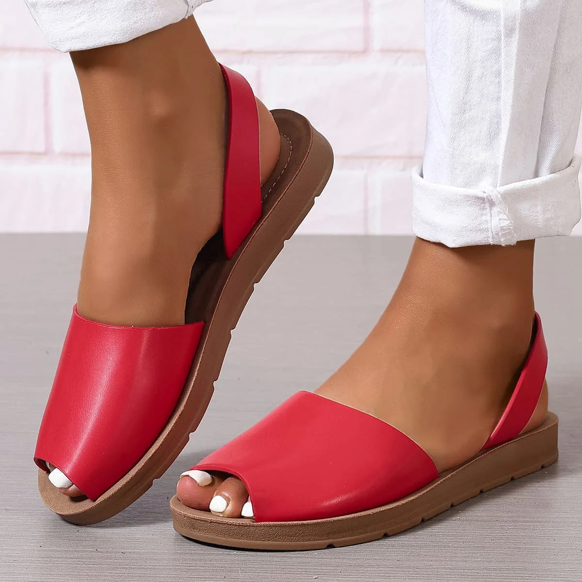 Cyflymder  Women's Peep Toes Back Strap Sandals Woman 2.5 cm Flat Shoes Summer Ladies Barefoot Slip on Sandal White Black 42 43