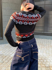 Cyflymder  Vintage Fair Isle Jacquard Knitted Cardigan Women Autumn Buttons Long Sleeve Cropped Jumper Coat Sweet Basic Slim Sweaters Tops