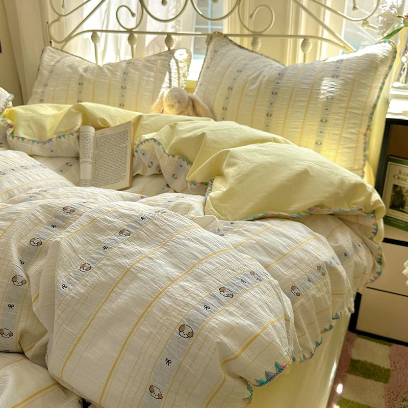 Cyflymder  100% Cotton Yarn-dyed Jacquard Floral Bedding Set Single Queen King Size Duvet Cover Bed Sheet/Fitted Sheet Pillowcases 3/4Pcs