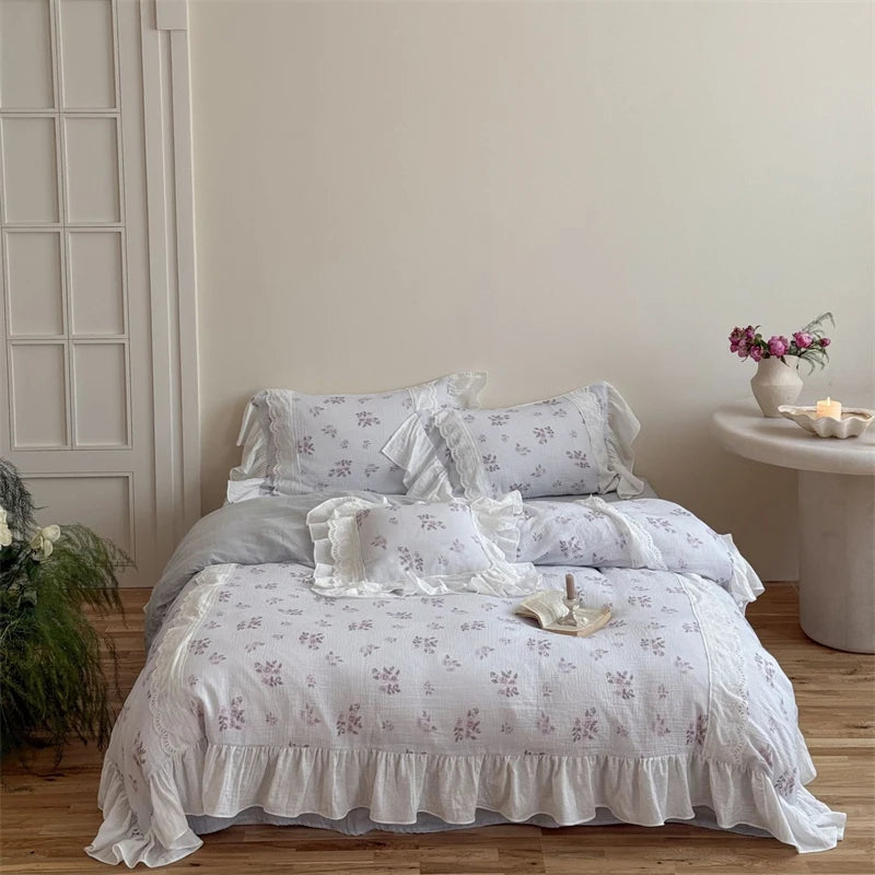 Cyflymder  Flowers Print Lace Ruffles Bedding Set 100% Cotton Double Layer Yarn Soft Duvet Cover Bed Sheet/Fitted Sheet Pillowcases 4Pcs
