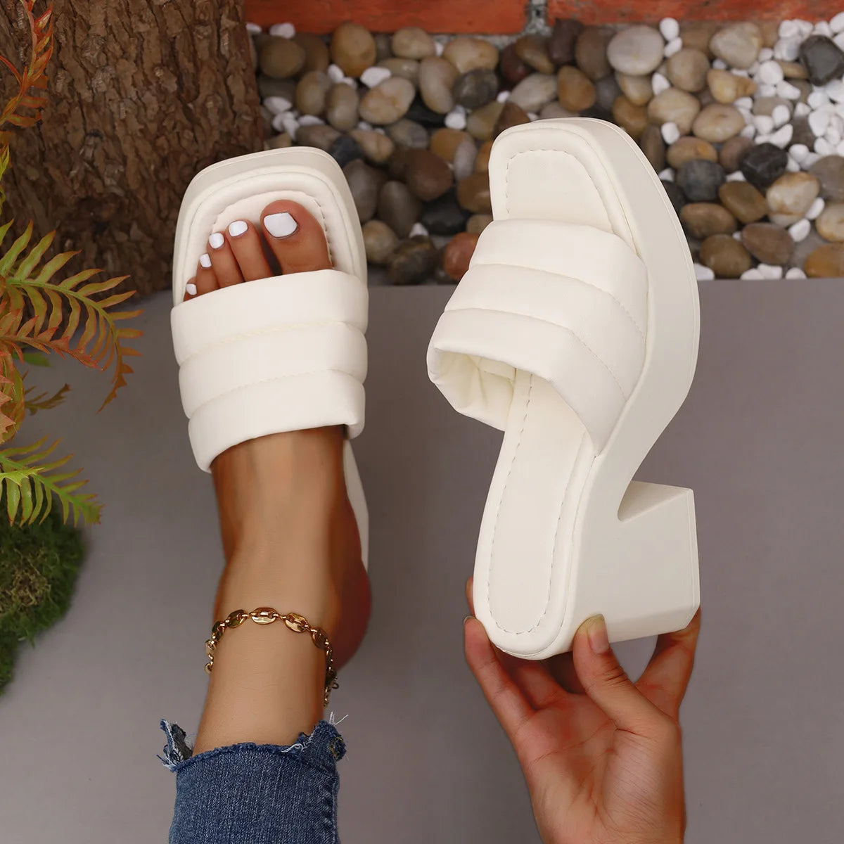 Cyflymder  Elegant Women Platform Slippers Soft PU Summer Peep Toe Thick Sole Female Outdoors Non-slip Casual Beach Heels Slippers