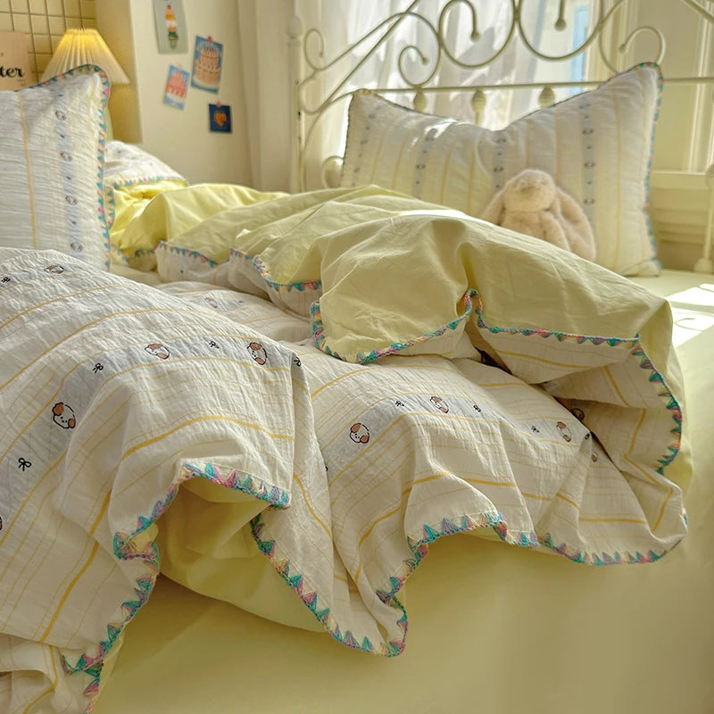 Cyflymder  100% Cotton Yarn-dyed Jacquard Floral Bedding Set Single Queen King Size Duvet Cover Bed Sheet/Fitted Sheet Pillowcases 3/4Pcs